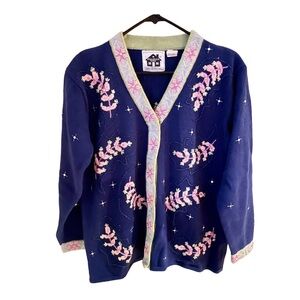 Storybook Knits Dark Blue Y2K Floral Cardigan – Embroidered Trim & Blossoms